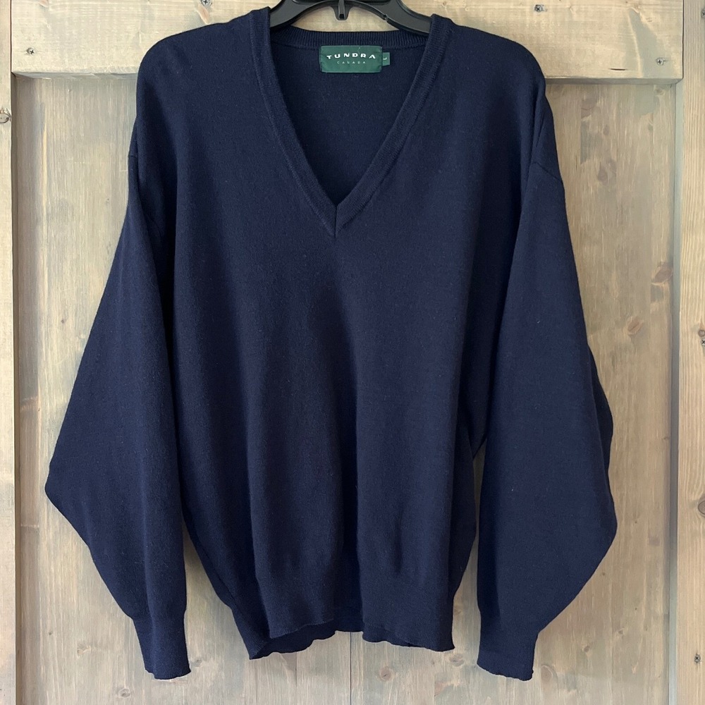 Vintage Tundra Canada Merino Wool Sweater Mens‎ L Navy Blue V Neck Long Sleeve